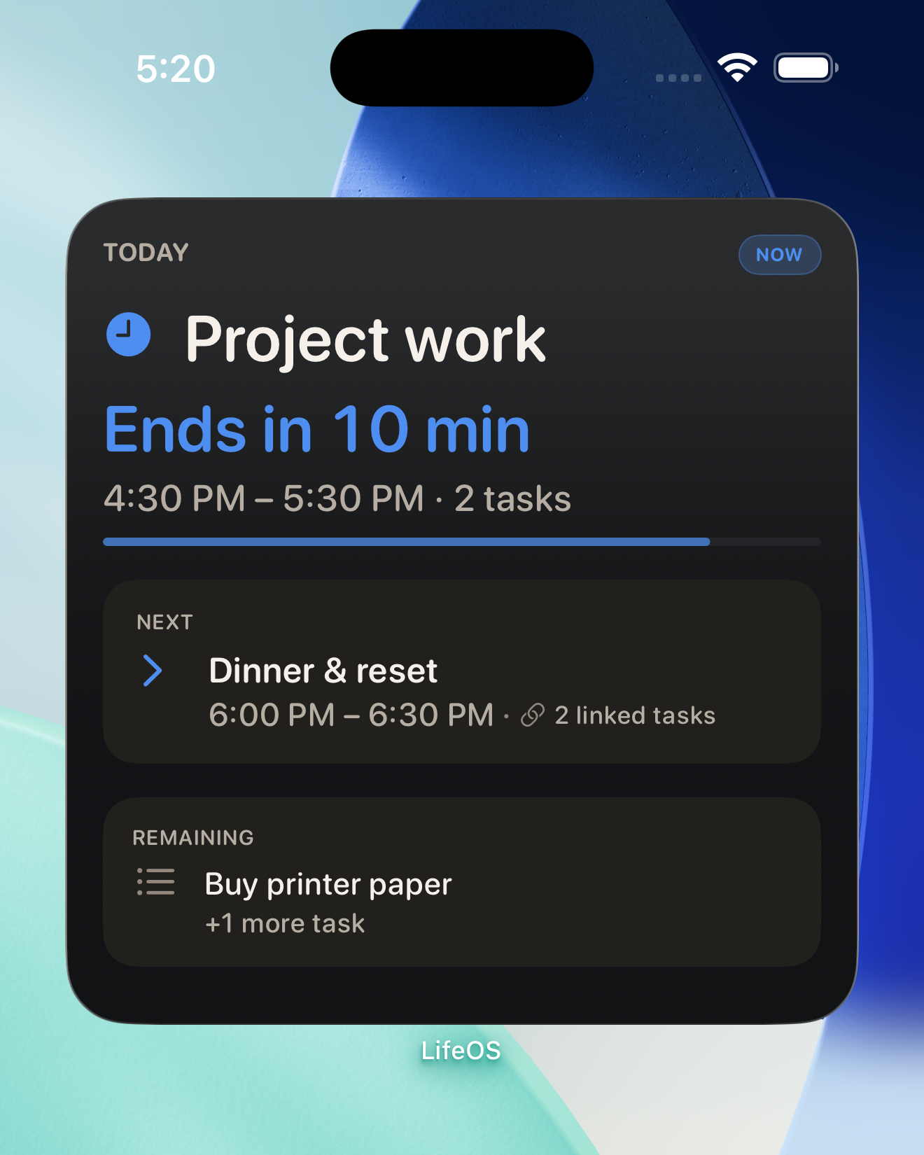 LifeOS widget on the real iOS Home Screen: Project work, Ends in 10 min, Next, and Remaining